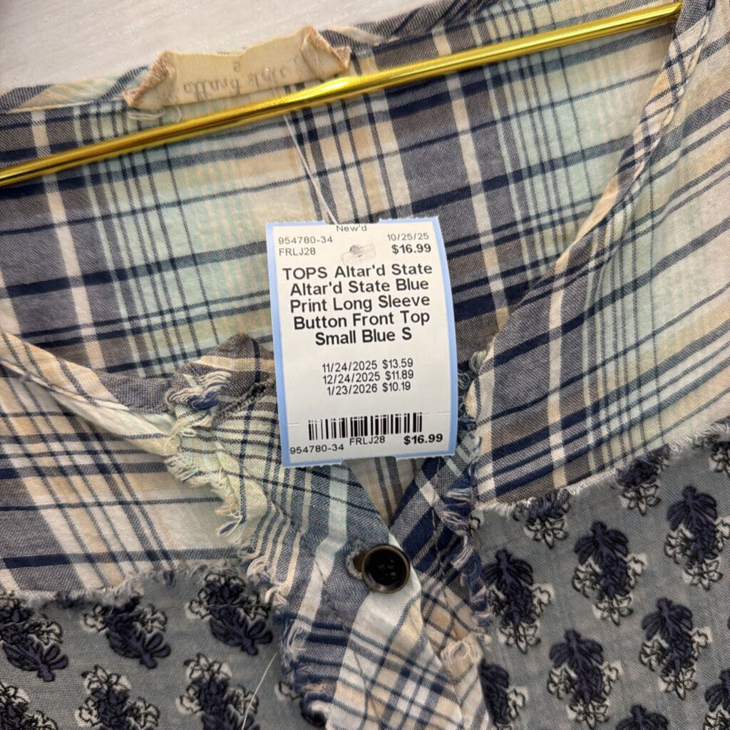 Altar'd State Blue Print Long Sleeve Button Front Top Small