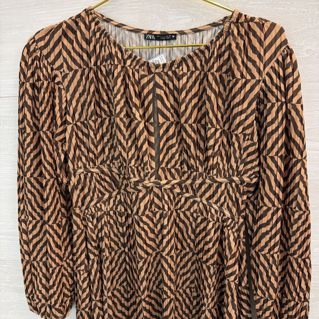 Zara Brown Print Long Sleeve Dress Small