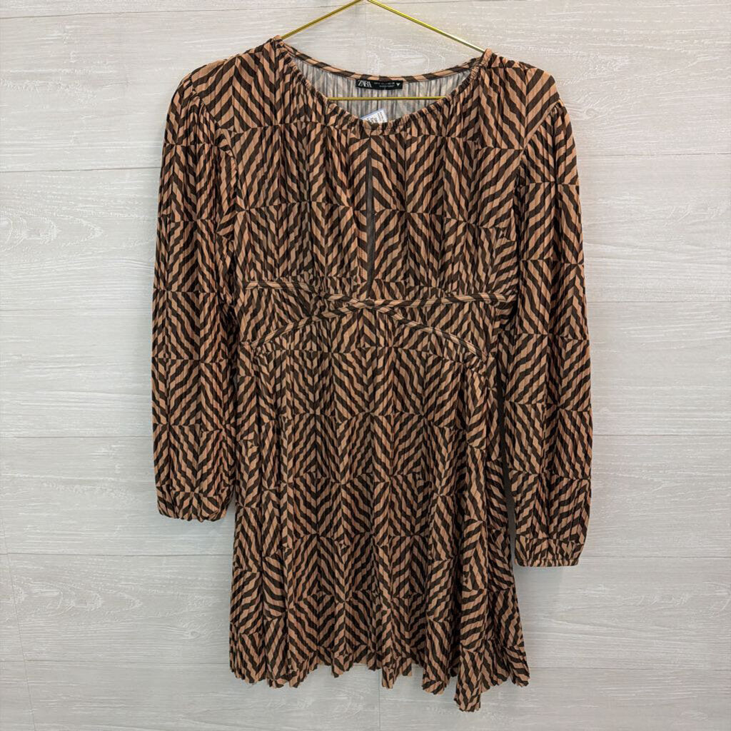 Zara Brown Print Long Sleeve Dress Small