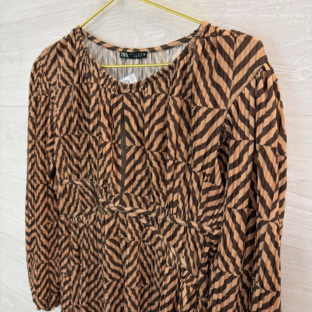 Zara Brown Print Long Sleeve Dress Small