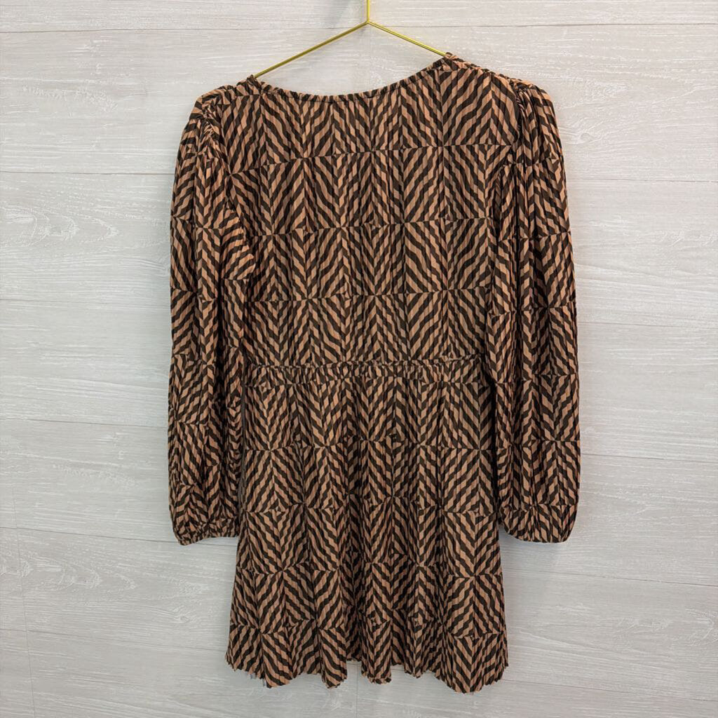 Zara Brown Print Long Sleeve Dress Small