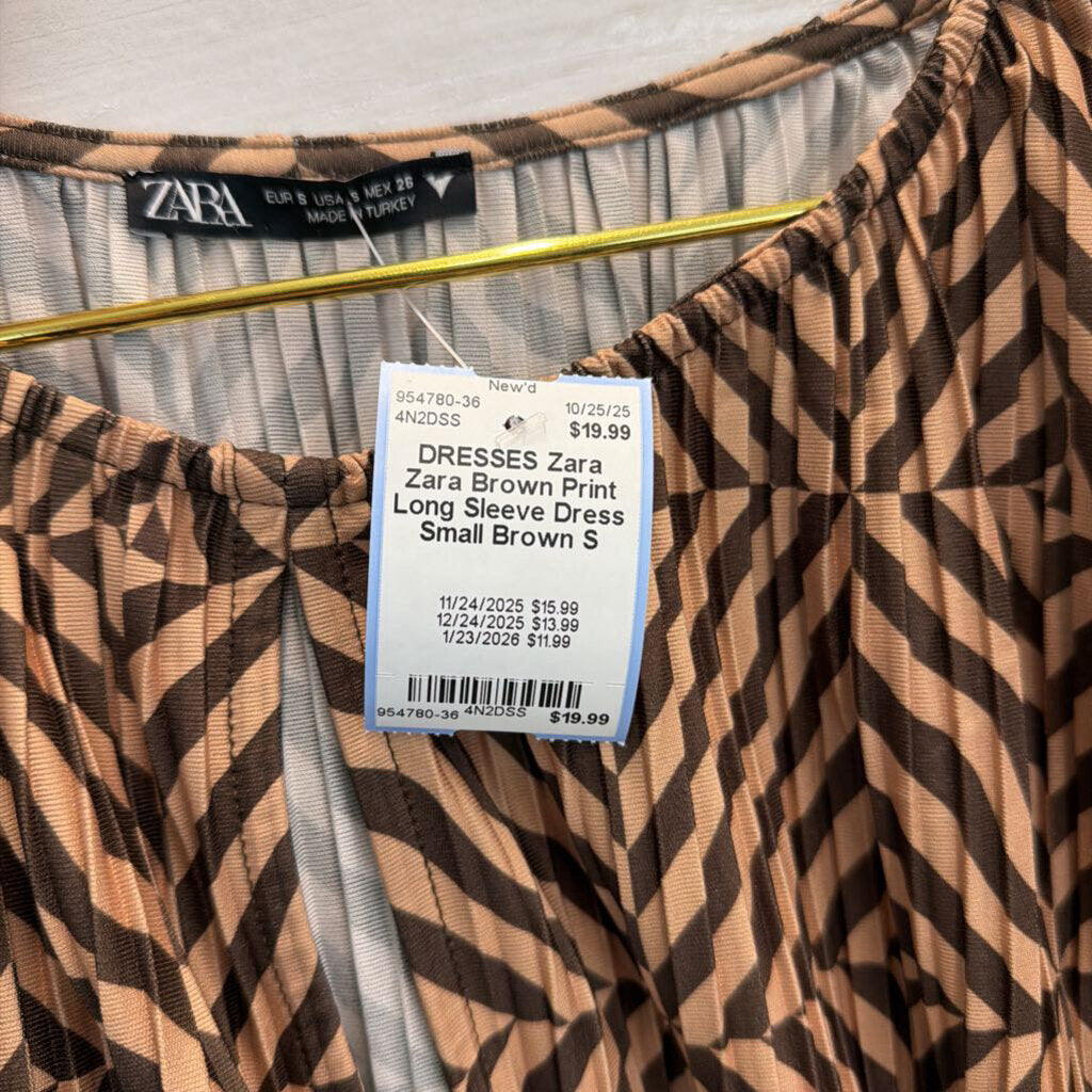 Zara Brown Print Long Sleeve Dress Small