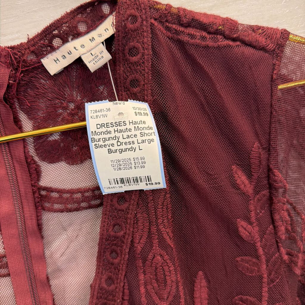 Haute Monde Burgundy Lace Short Sleeve Dress Large