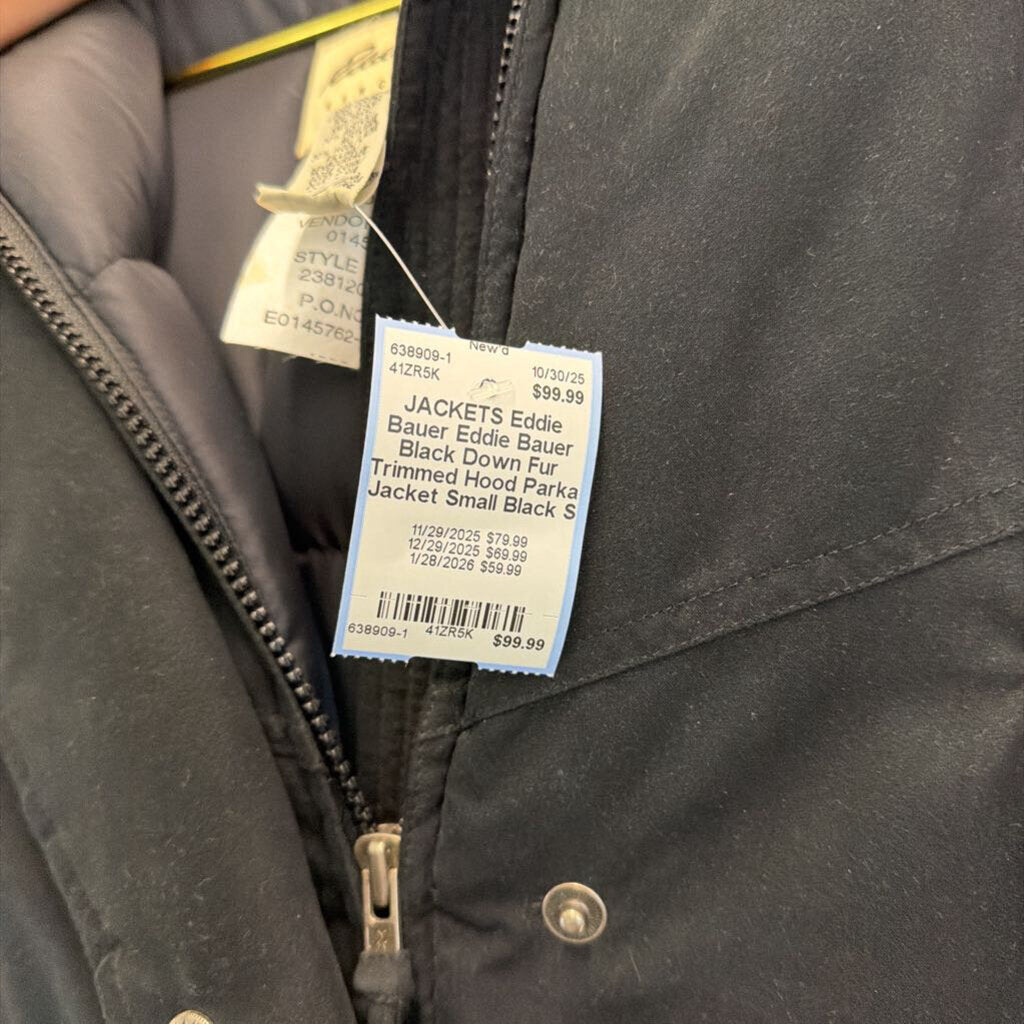 Eddie Bauer Black Down Fur Trimmed Hood Parka Jacket Small