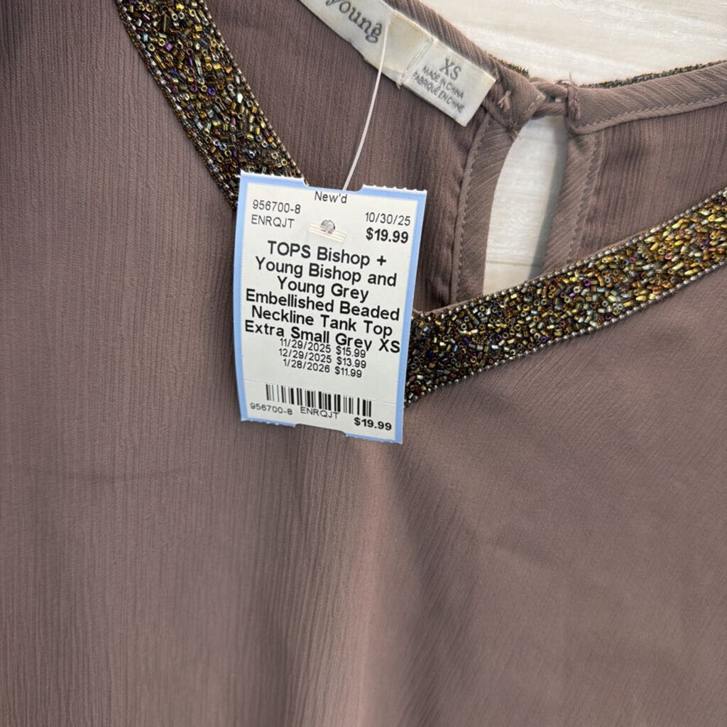 Bishop and Young Grey Embellished Beaded Neckline Tank Top Extra Small