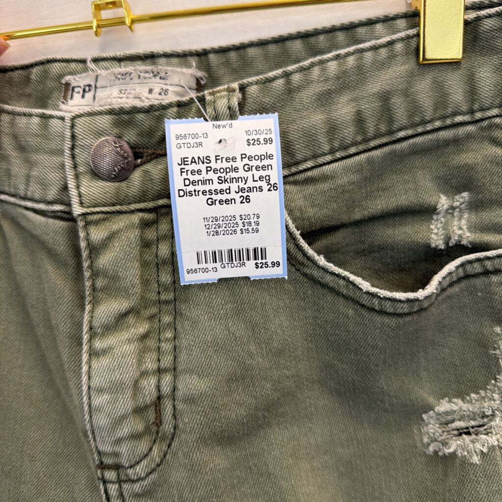 Free People Green Denim Skinny Leg Distressed Jeans 26
