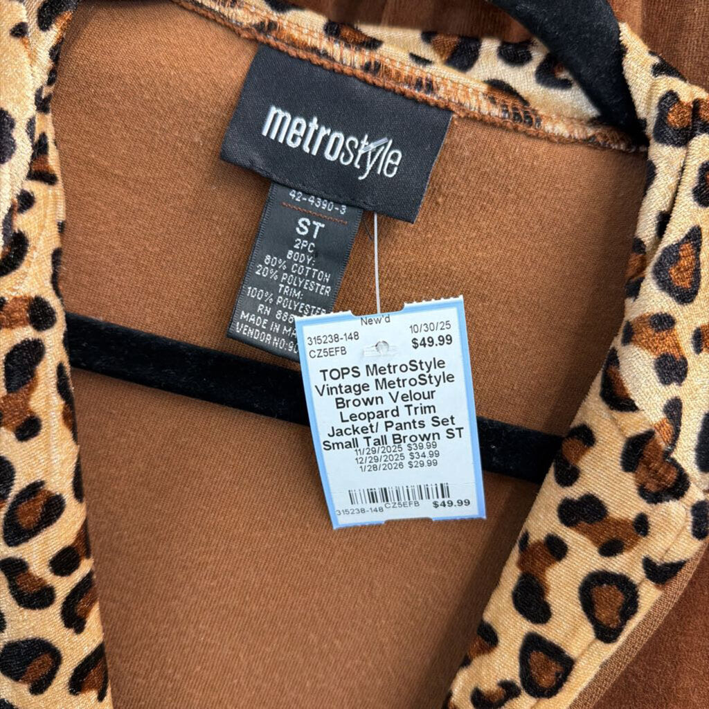 Vintage MetroStyle Brown Velour Leopard Trim Jacket/ Pants Set Small Tall
