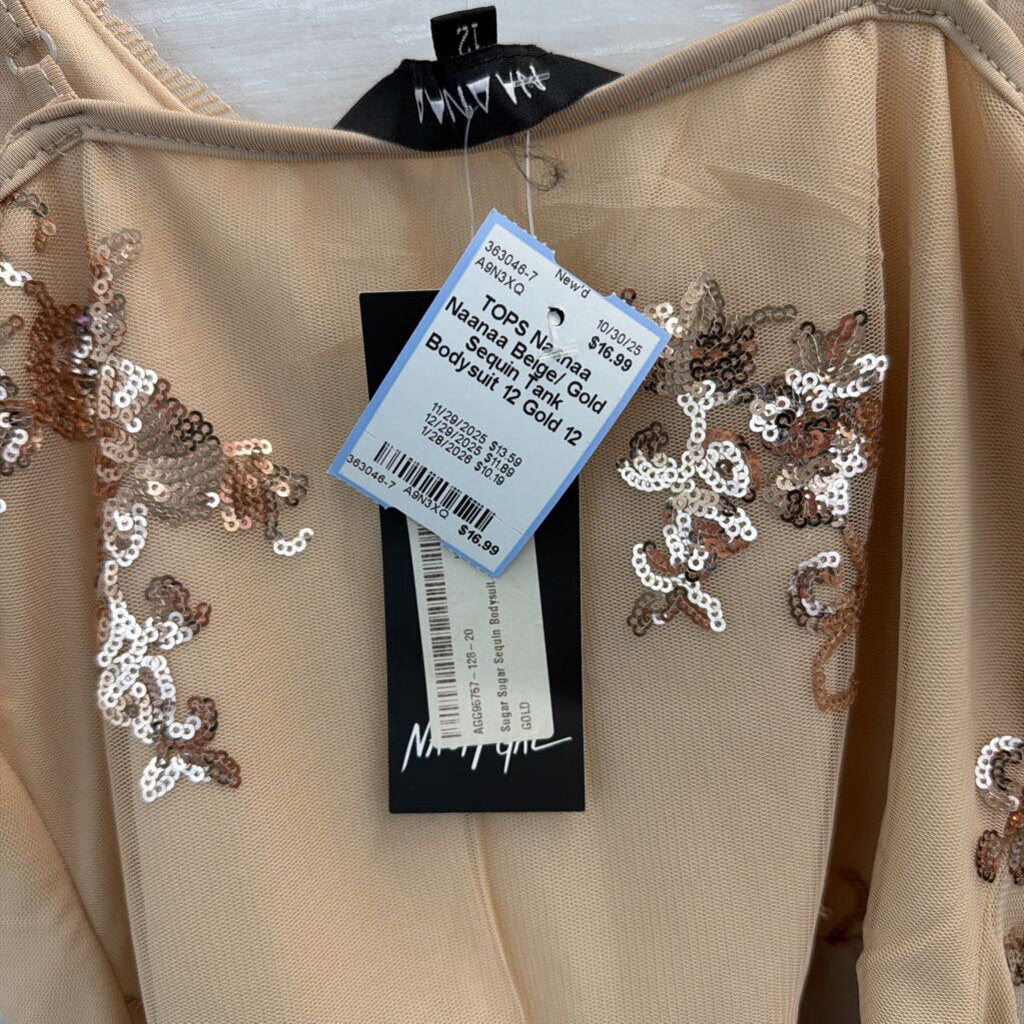 Naanaa Beige/ Gold Sequin Tank Bodysuit 12