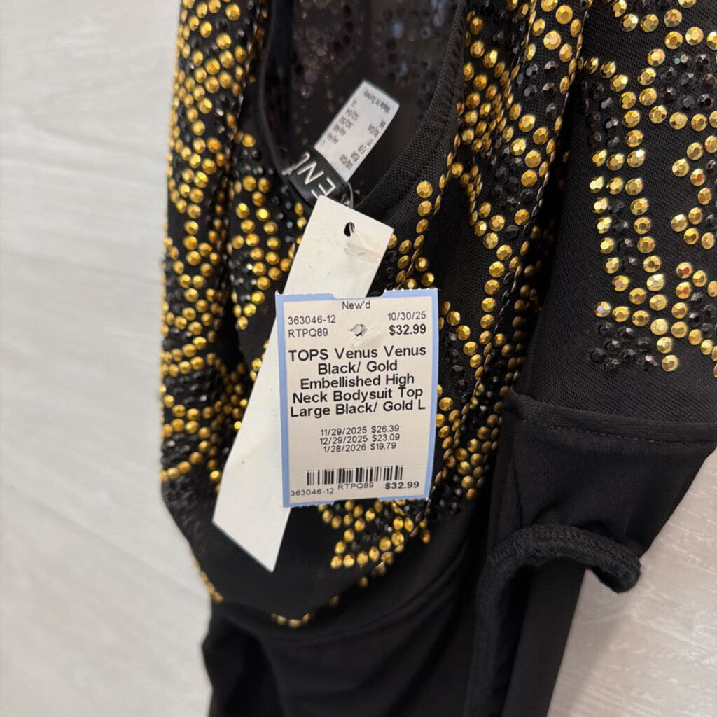 Venus Black/ Gold Embellished High Neck Bodysuit Top Large