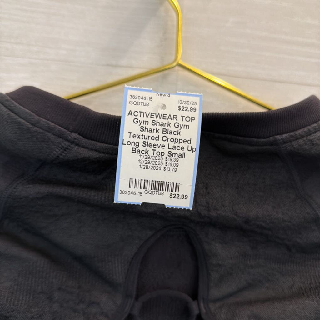 Gym Shark Black Textured Cropped Long Sleeve Lace Up Back Top Small