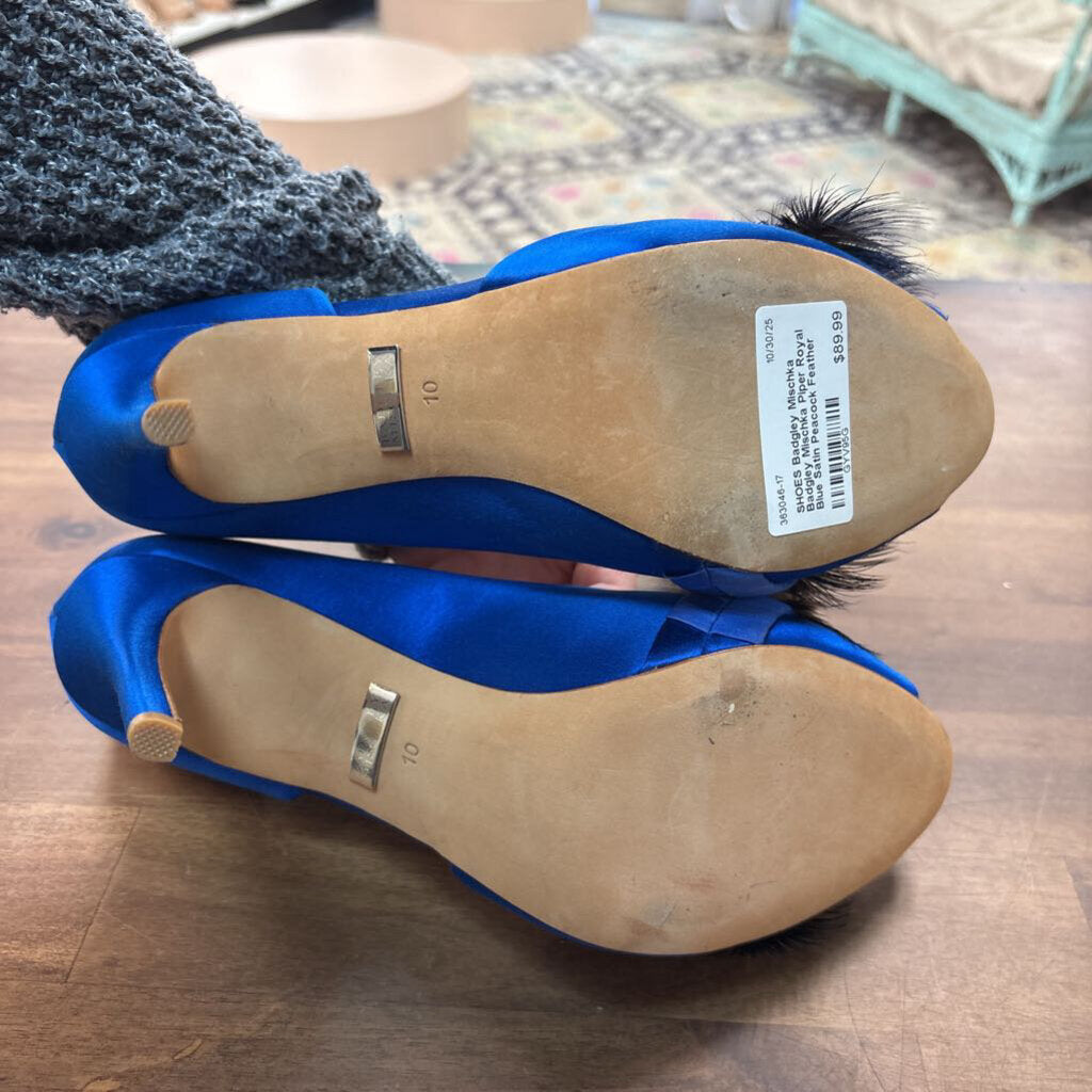 Badgley Mischka Piper Royal Blue Satin Peacock Feather Peep Toe High Heels 10