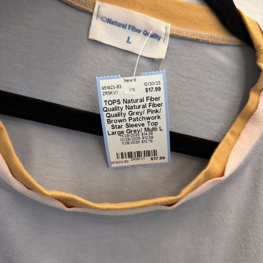 Natural Fiber Quality Grey/ Pink/ Brown Patchwork Star Sleeve Top Large