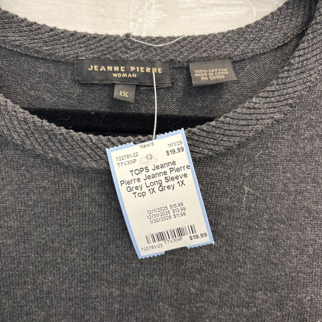 Jeanne Pierre Grey Long Sleeve Top 1X