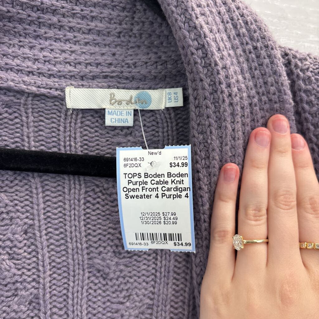 Boden Purple Cable Knit Open Front Cardigan Sweater 4