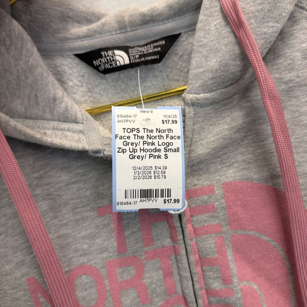 The North Face Grey/ Pink Logo Zip Up Hoodie Small