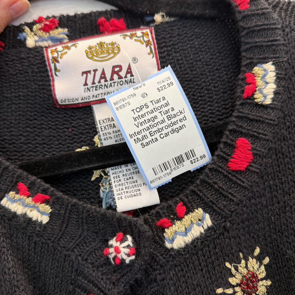 Vintage Tiara International Black/ Multi Embroidered Santa Cardigan Sweater Extra Large