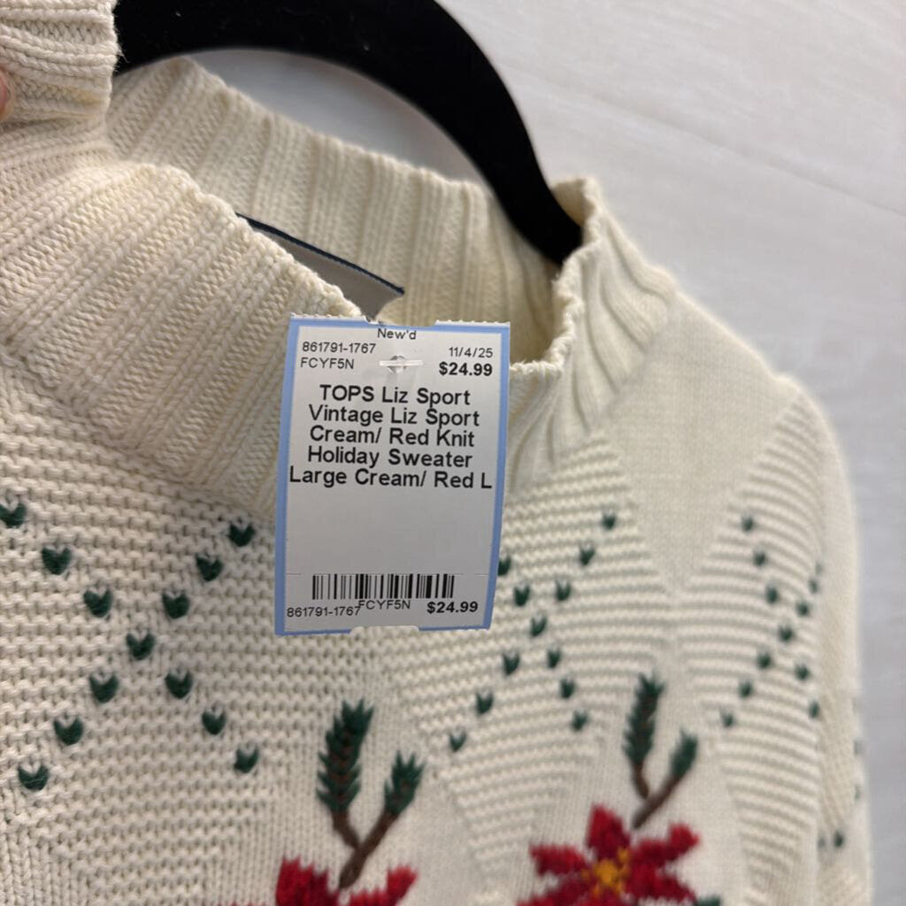 Vintage Liz Sport Cream/ Red Knit Holiday Sweater Large