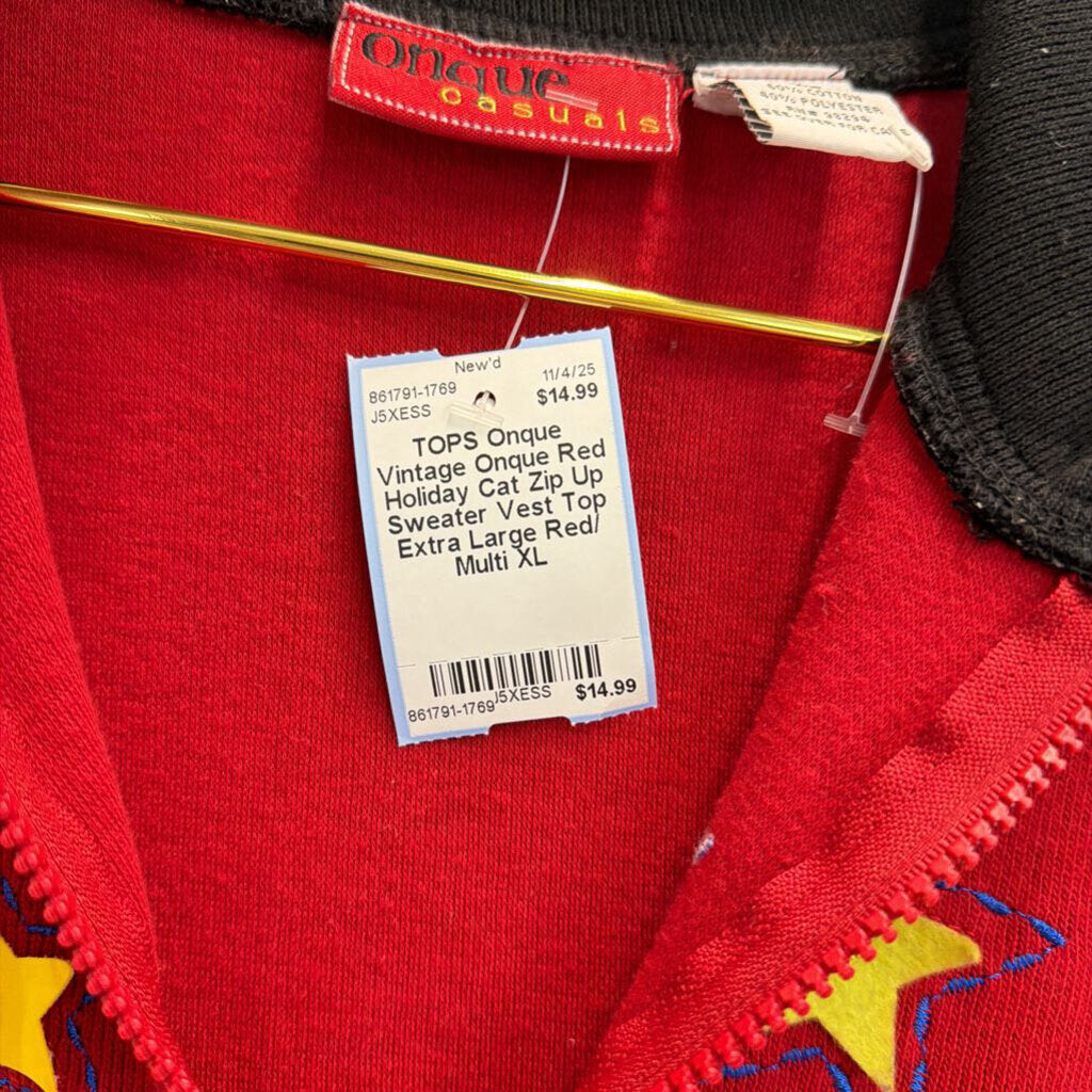 Vintage Onque Red Holiday Cat Zip Up Sweater Vest Top Extra Large