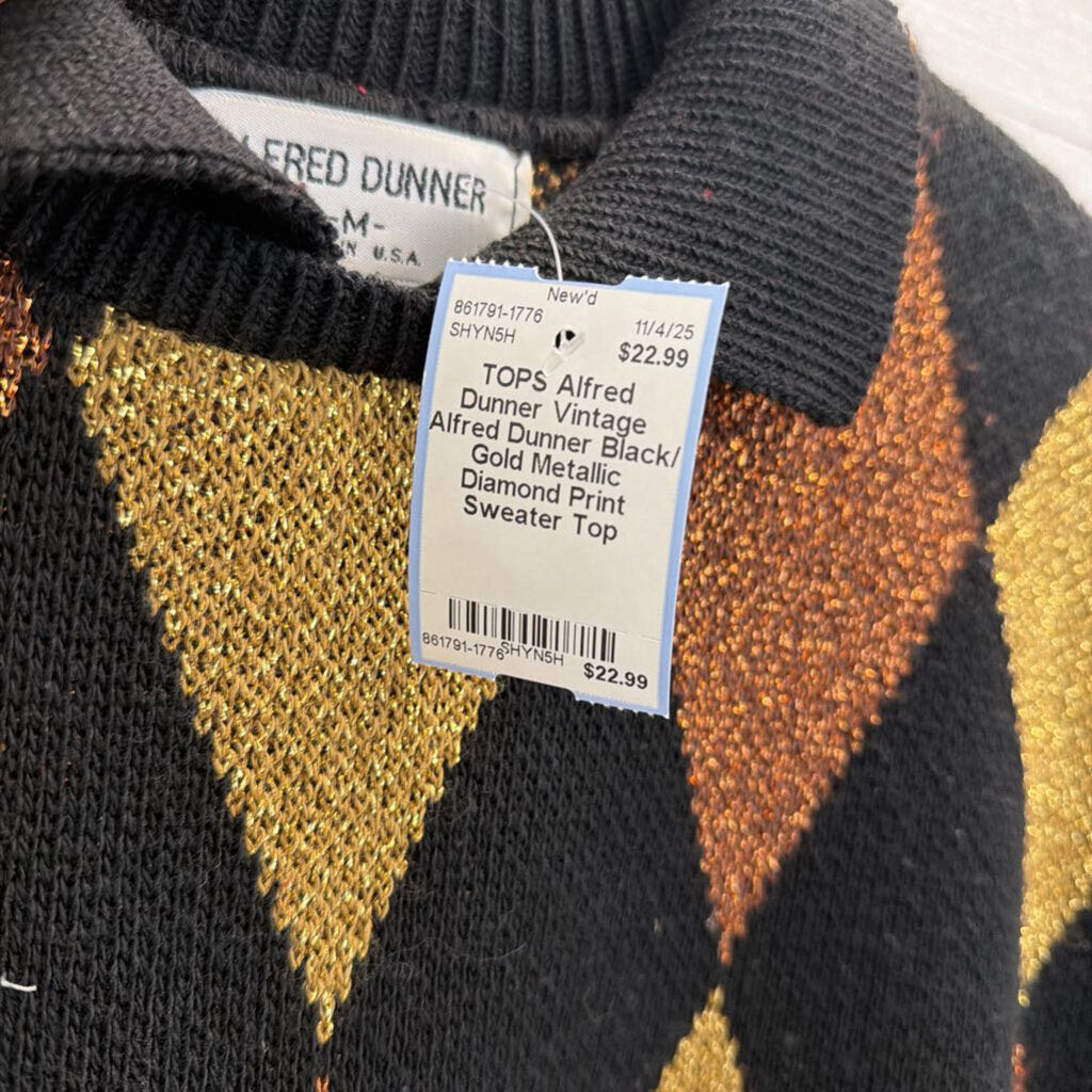 Vintage Alfred Dunner Black/ Gold Metallic Diamond Print Sweater Top Medium