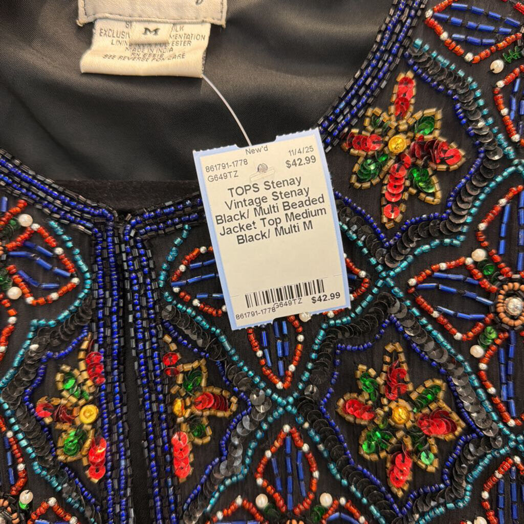 Vintage Stenay Black/ Multi Beaded Jacket Top Medium