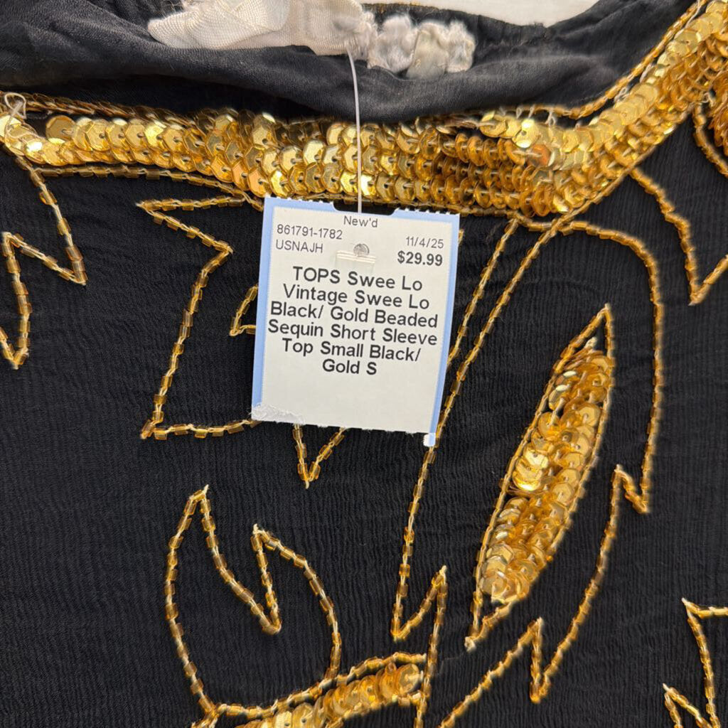 Vintage Swee Lo Black/ Gold Beaded Sequin Short Sleeve Top Small