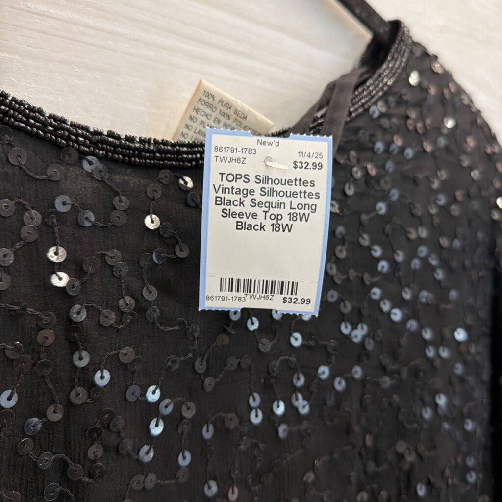 Vintage Silhouettes Black Sequin Long Sleeve Top 18W