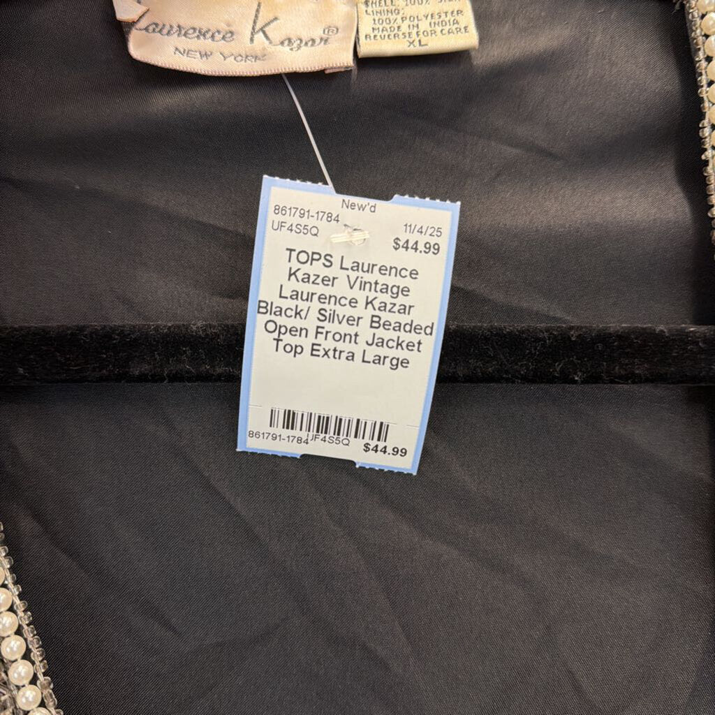Vintage Laurence Kazar Black/ Silver Beaded Open Front Jacket Top Extra Large