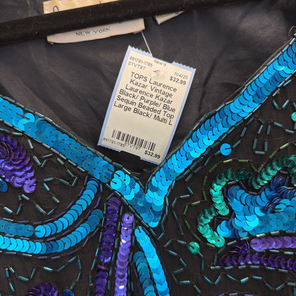 Vintage Laurence Kazar Black/ Purple/ Blue Sequin Beaded Top Large