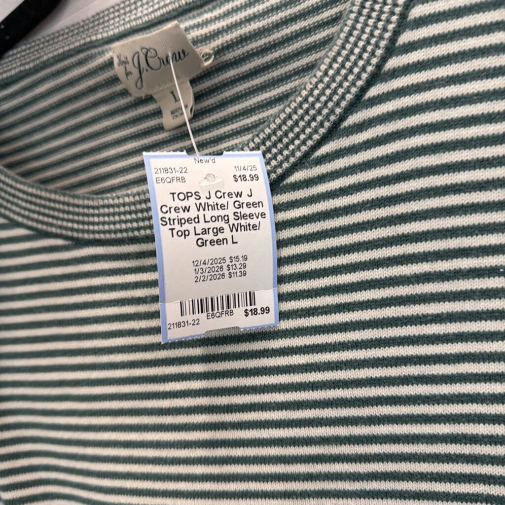 J Crew White/ Green Striped Long Sleeve Top Large