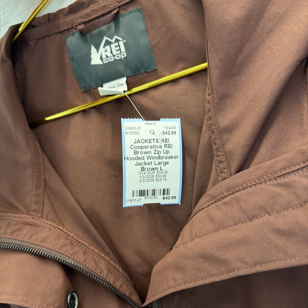 REI Brown Zip Up Hooded Windbreaker Jacket Large