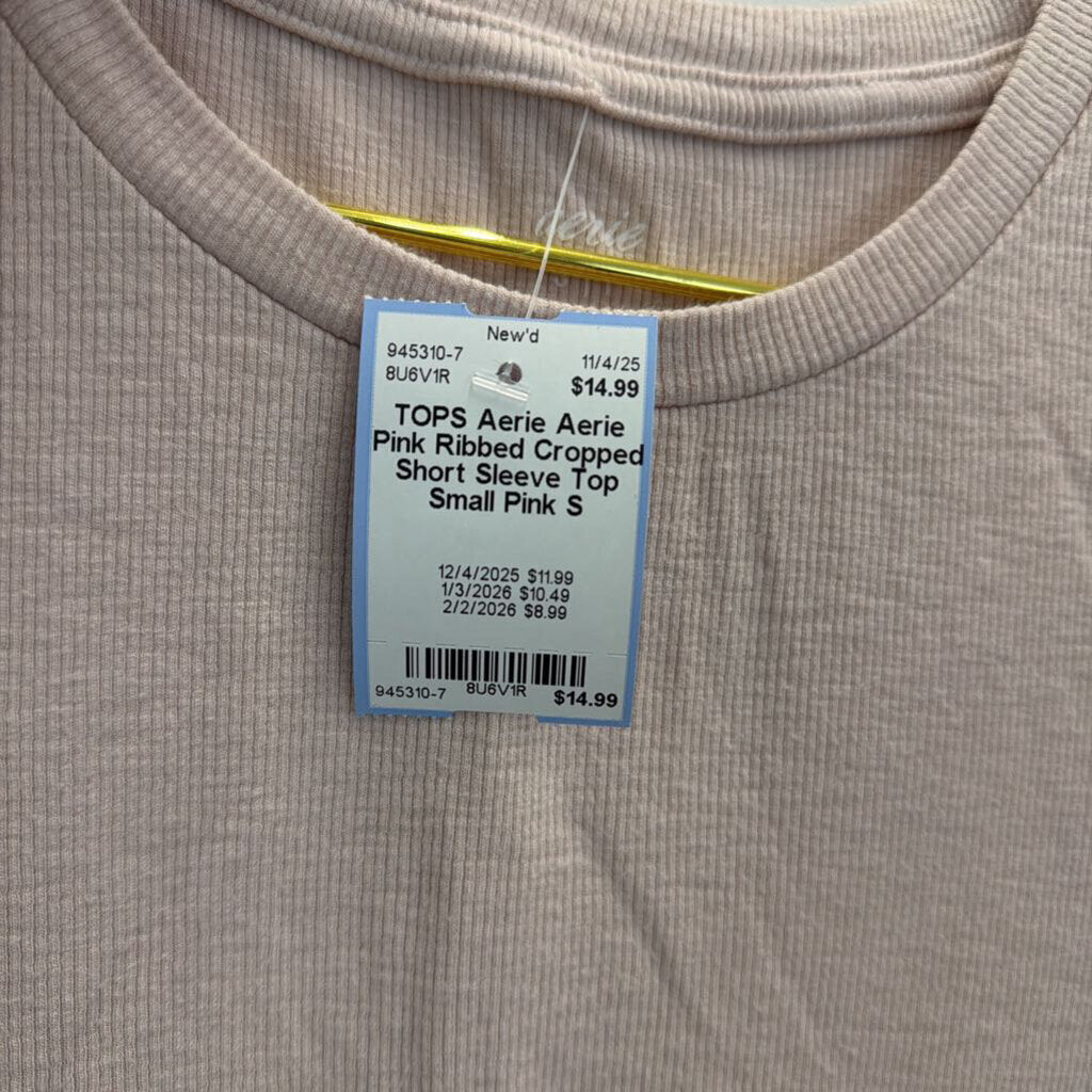 Aerie Pink Ribbed Cropped Short Sleeve Top Small