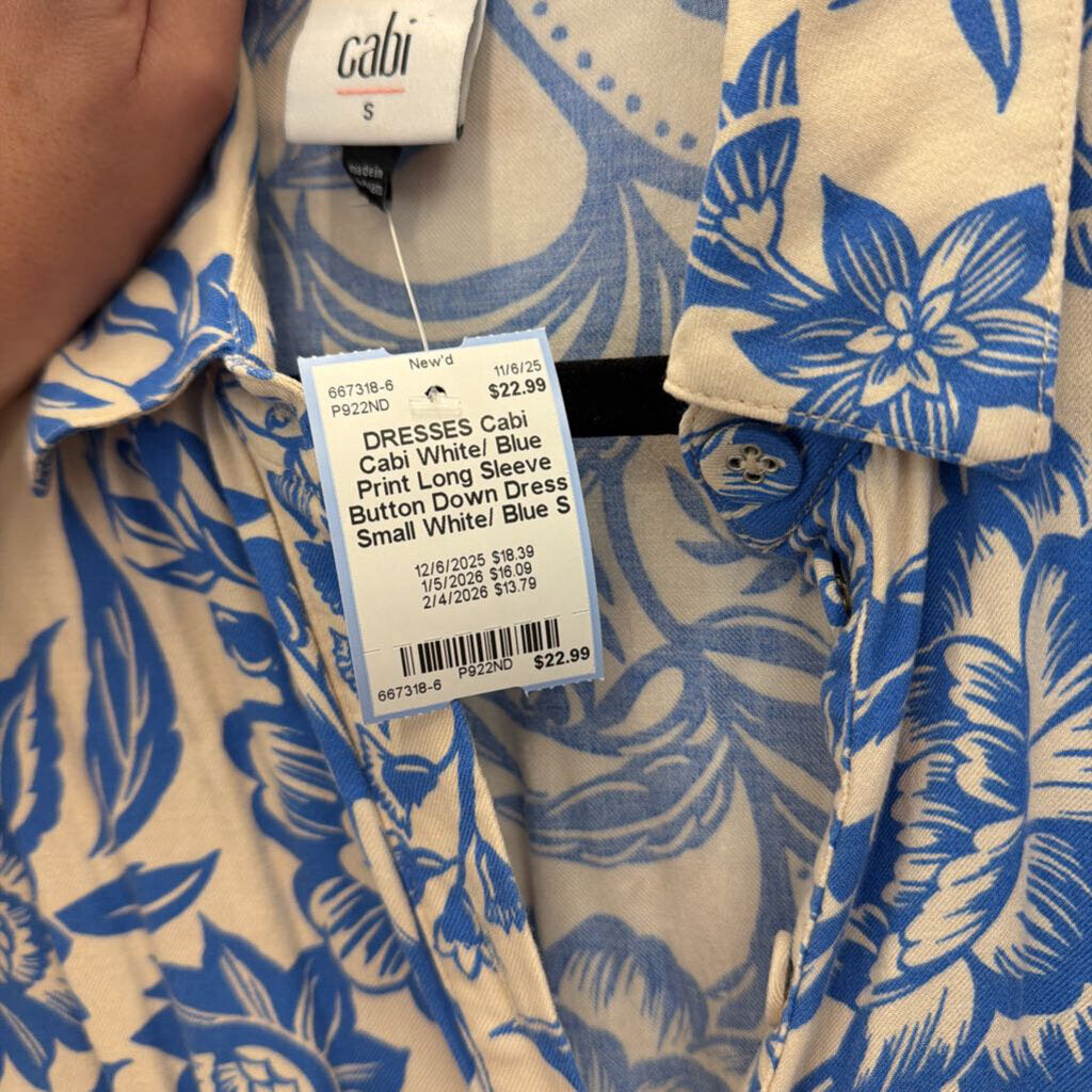 Cabi White/ Blue Print Long Sleeve Button Down Dress Small