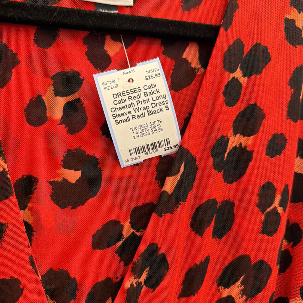 Cabi Red/ Balck Cheetah Print Long Sleeve Wrap Dress Small