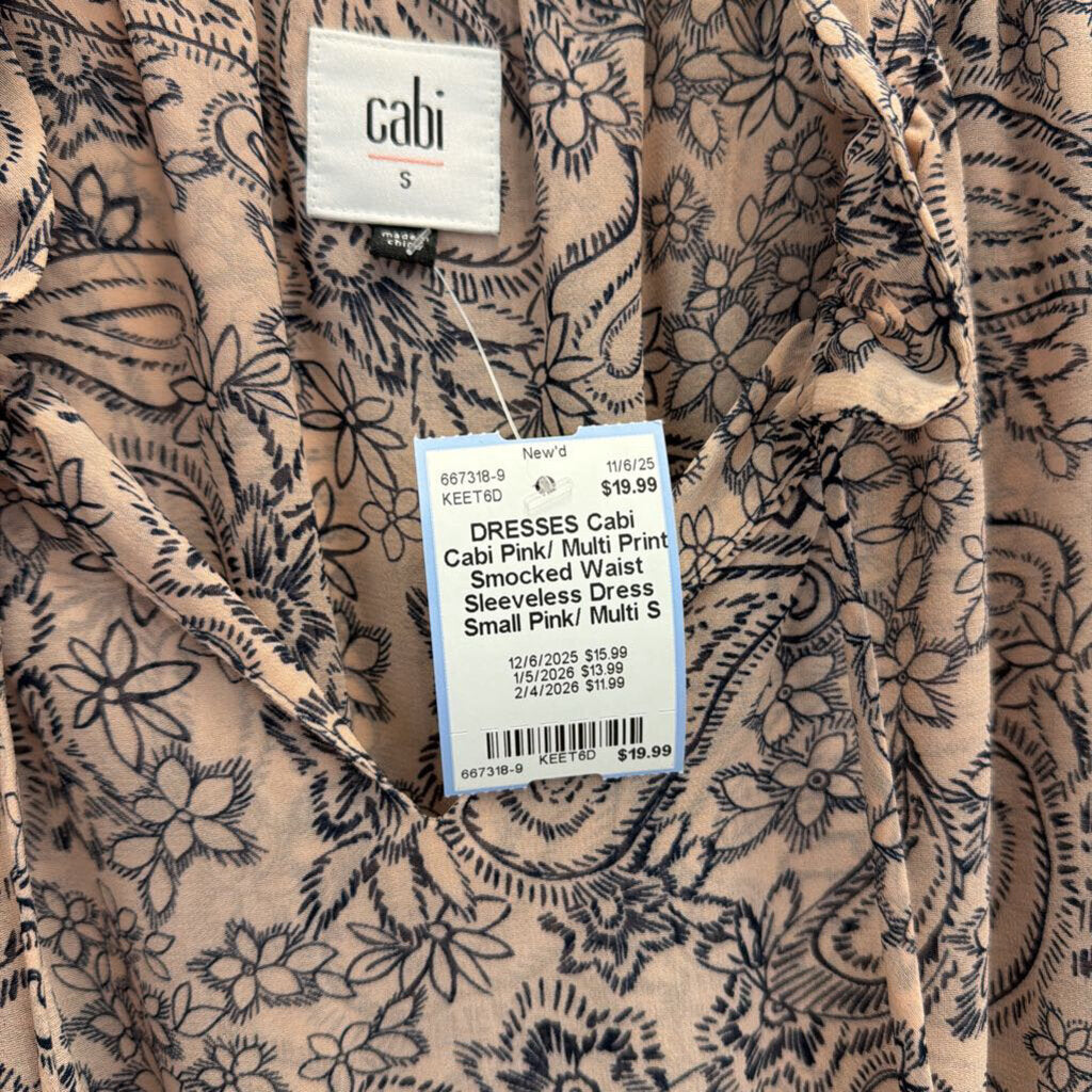Cabi Pink/ Multi Print Smocked Waist Sleeveless Dress Small