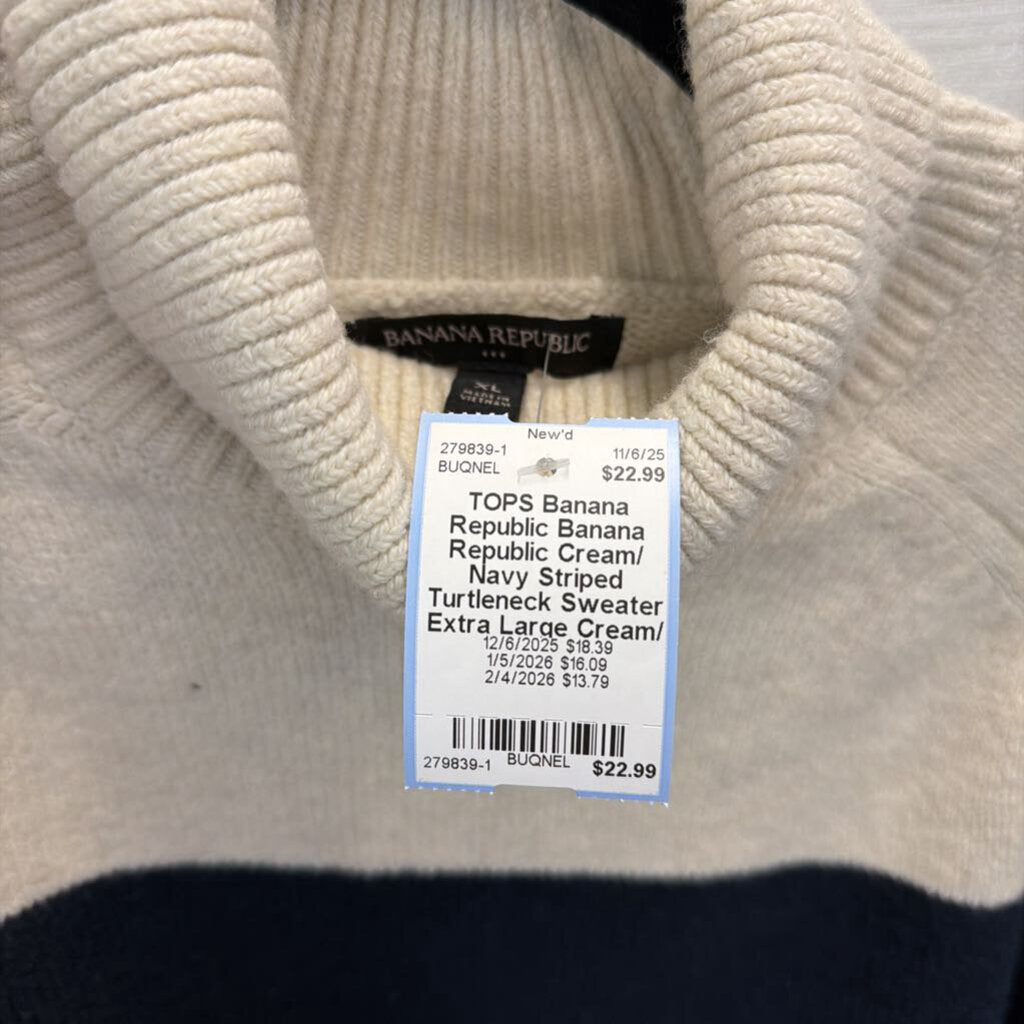 Banana Republic Cream/ Navy Striped Turtleneck Sweater Extra Large