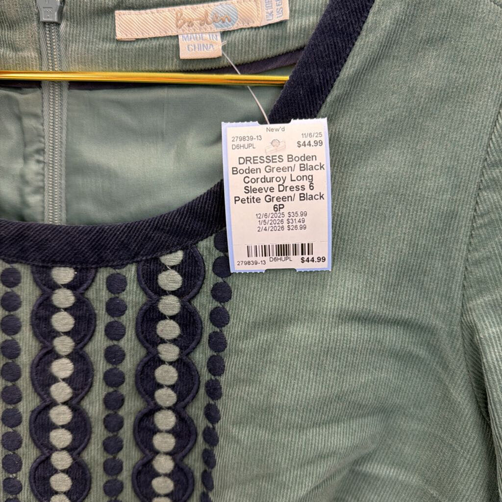 Boden Green/ Black Corduroy Long Sleeve Dress 6 Petite