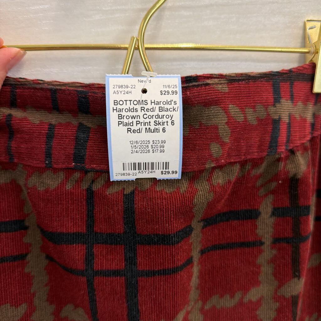 Harolds Red/ Black/ Brown Corduroy Plaid Print Skirt 6