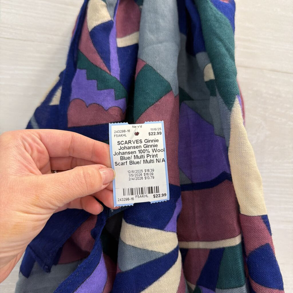 Ginnie Johansen 100% Wool Blue/ Multi Print Scarf