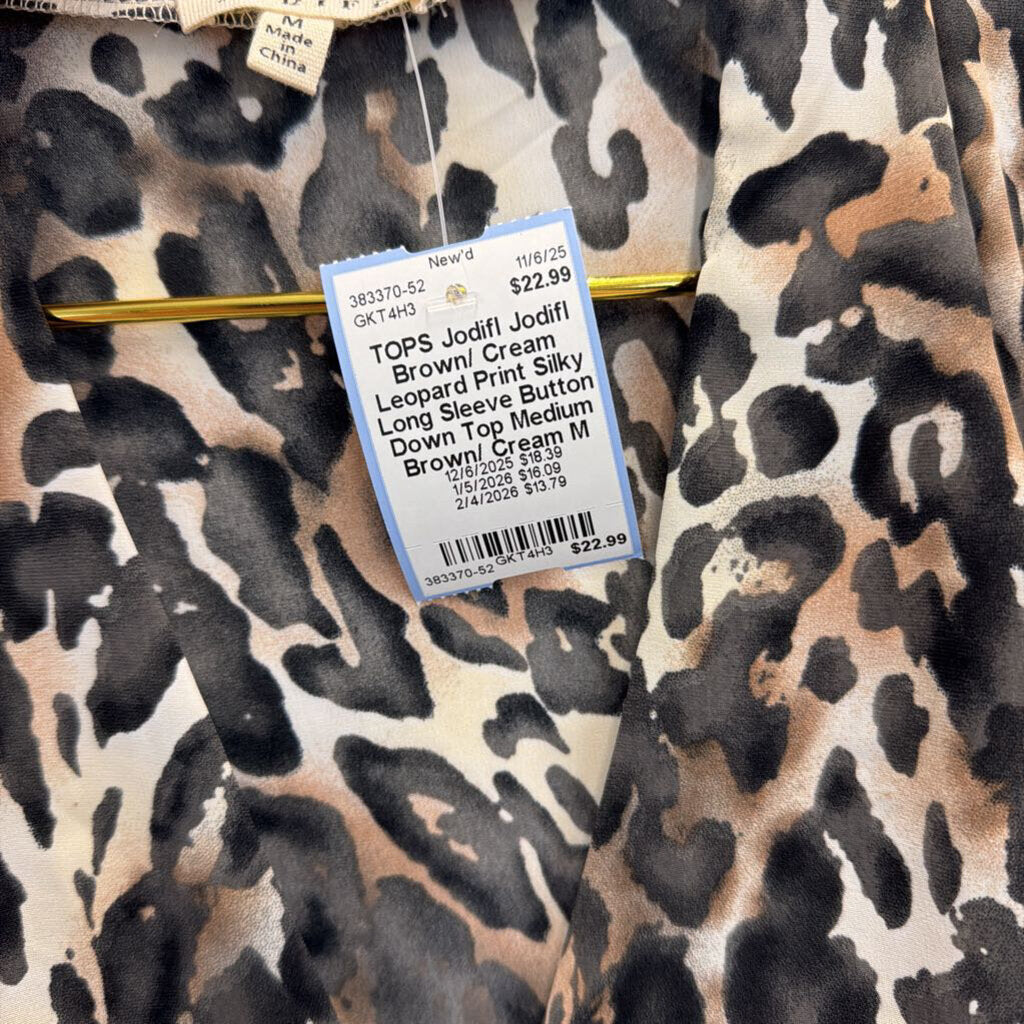 Jodifl Brown/ Cream Leopard Print Silky Long Sleeve Button Down Top Medium