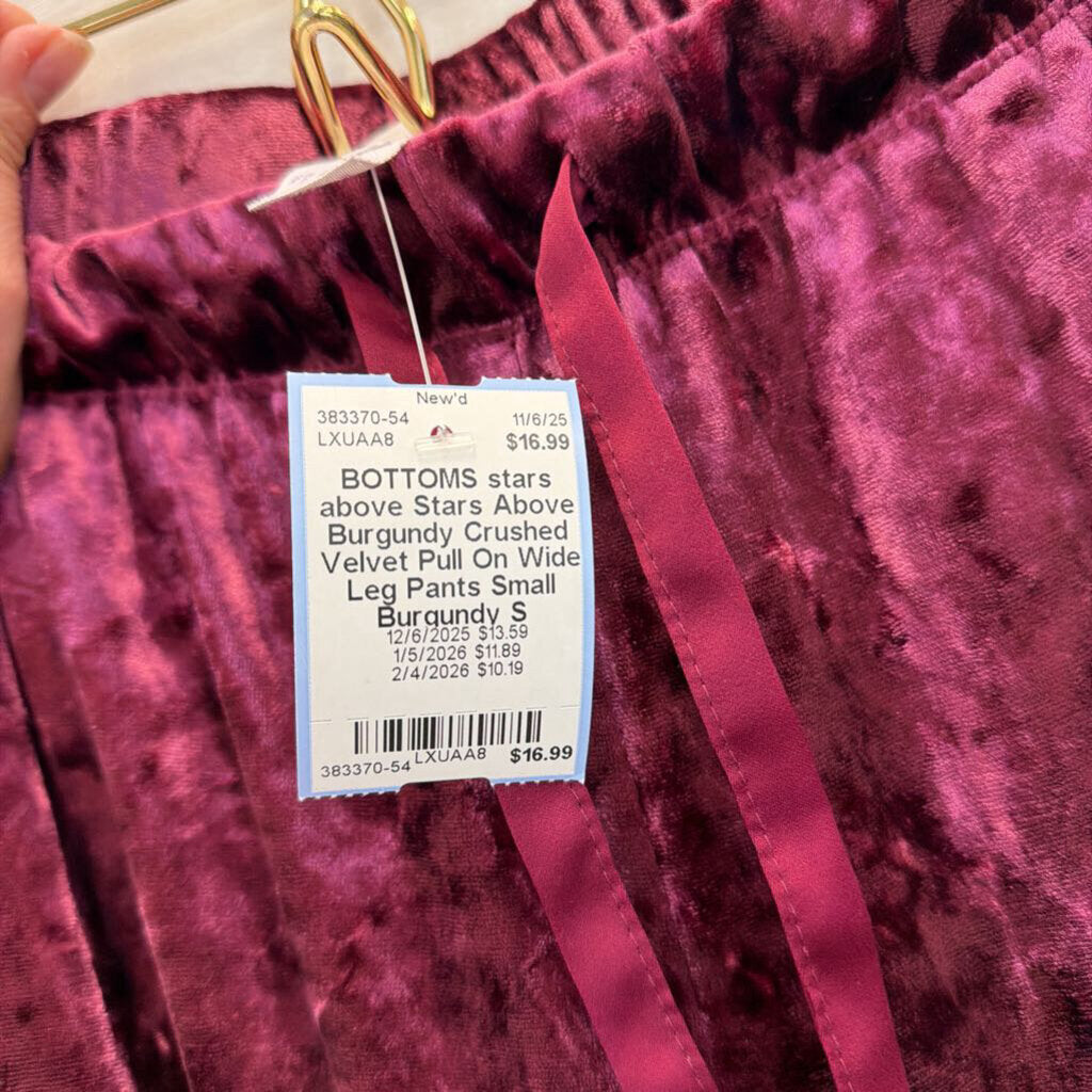 Stars Above Burgundy Crushed Velvet Pull On Wide Leg Pants Small