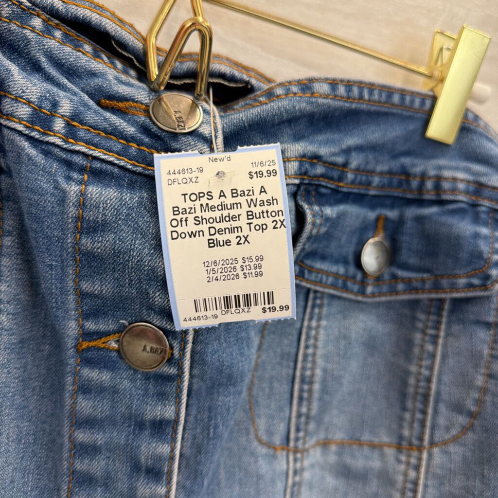 A Bazi Medium Wash Off Shoulder Button Down Denim Top 2X