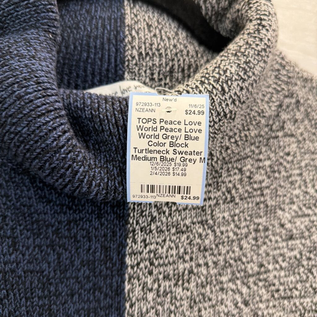 Peace Love World Grey/ Blue Color Block Turtleneck Sweater Medium