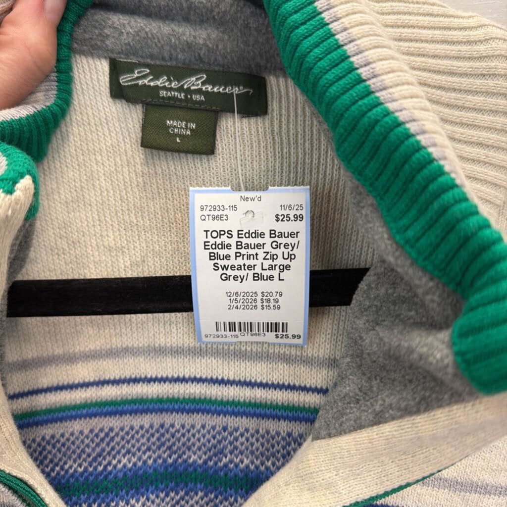 Eddie Bauer Grey/ Blue Print Zip Up Sweater Large
