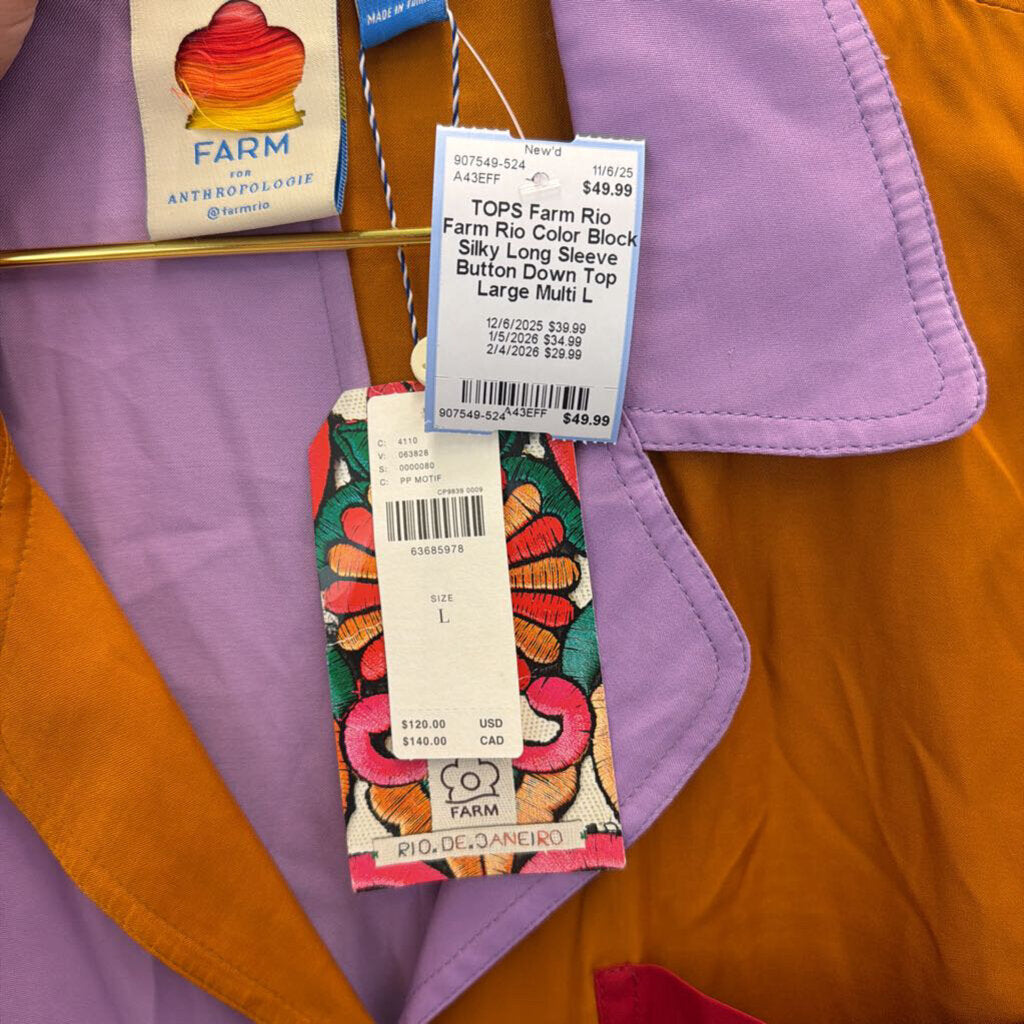 Farm Rio Color Block Silky Long Sleeve Button Down Top Large