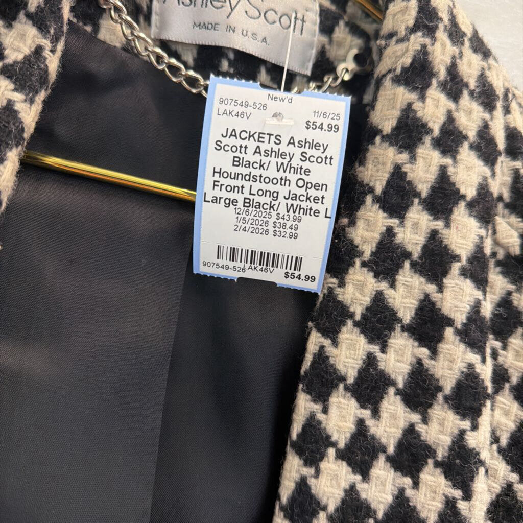 Ashley Scott Black/ White Houndstooth Open Front Long Jacket Large
