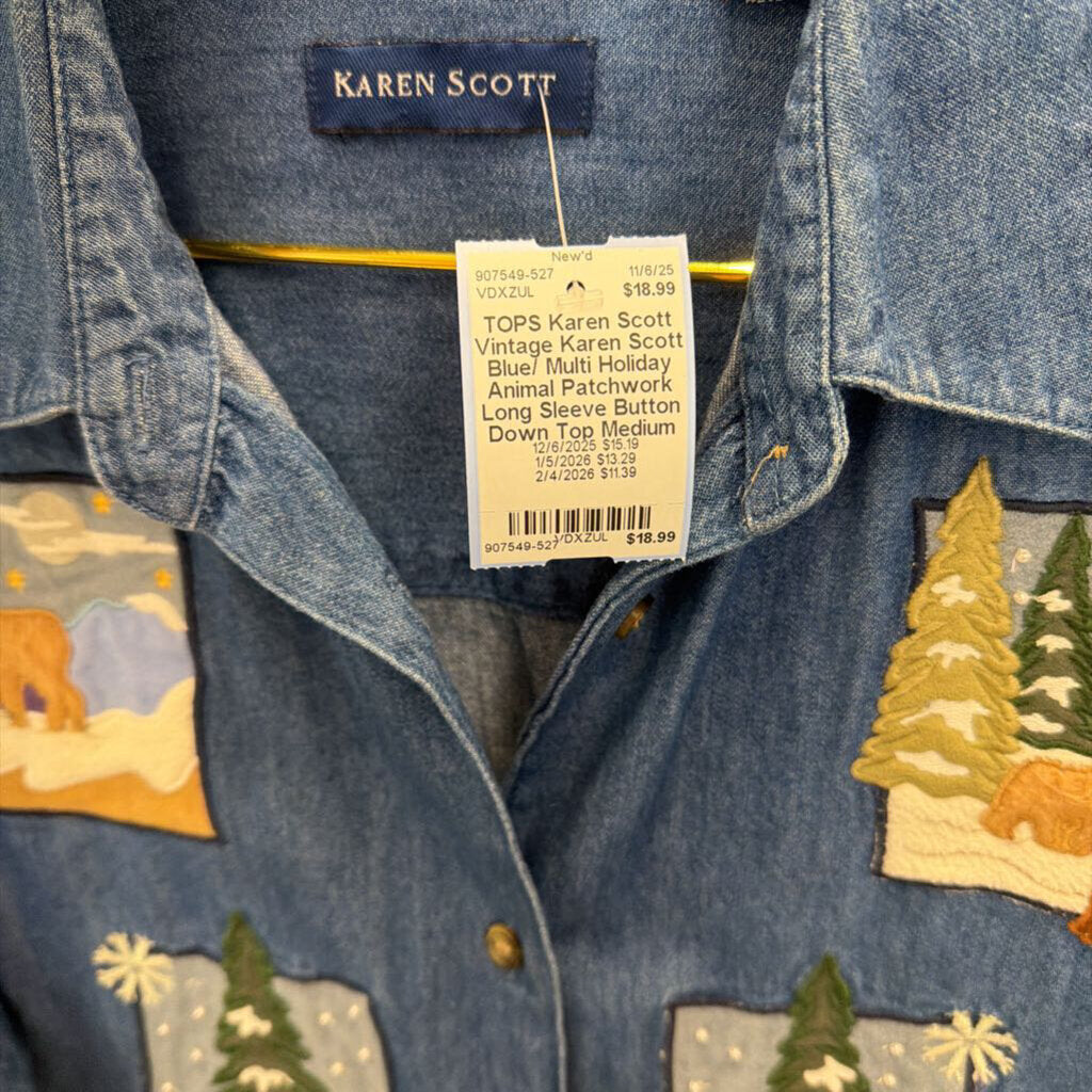 Vintage Karen Scott Blue/ Multi Holiday Animal Patchwork Long Sleeve Button Down Top Medium