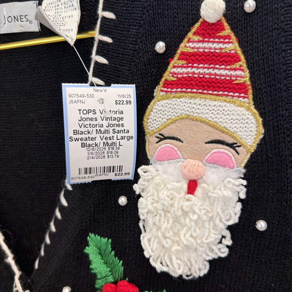 Vintage Victoria Jones Black/ Multi Santa Sweater Vest Large
