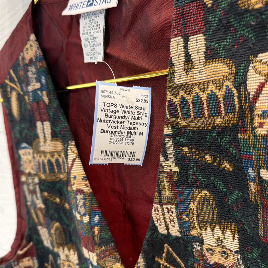 Vintage White Stag Burgundy/ Multi Nutcracker Tapestry Vest Medium