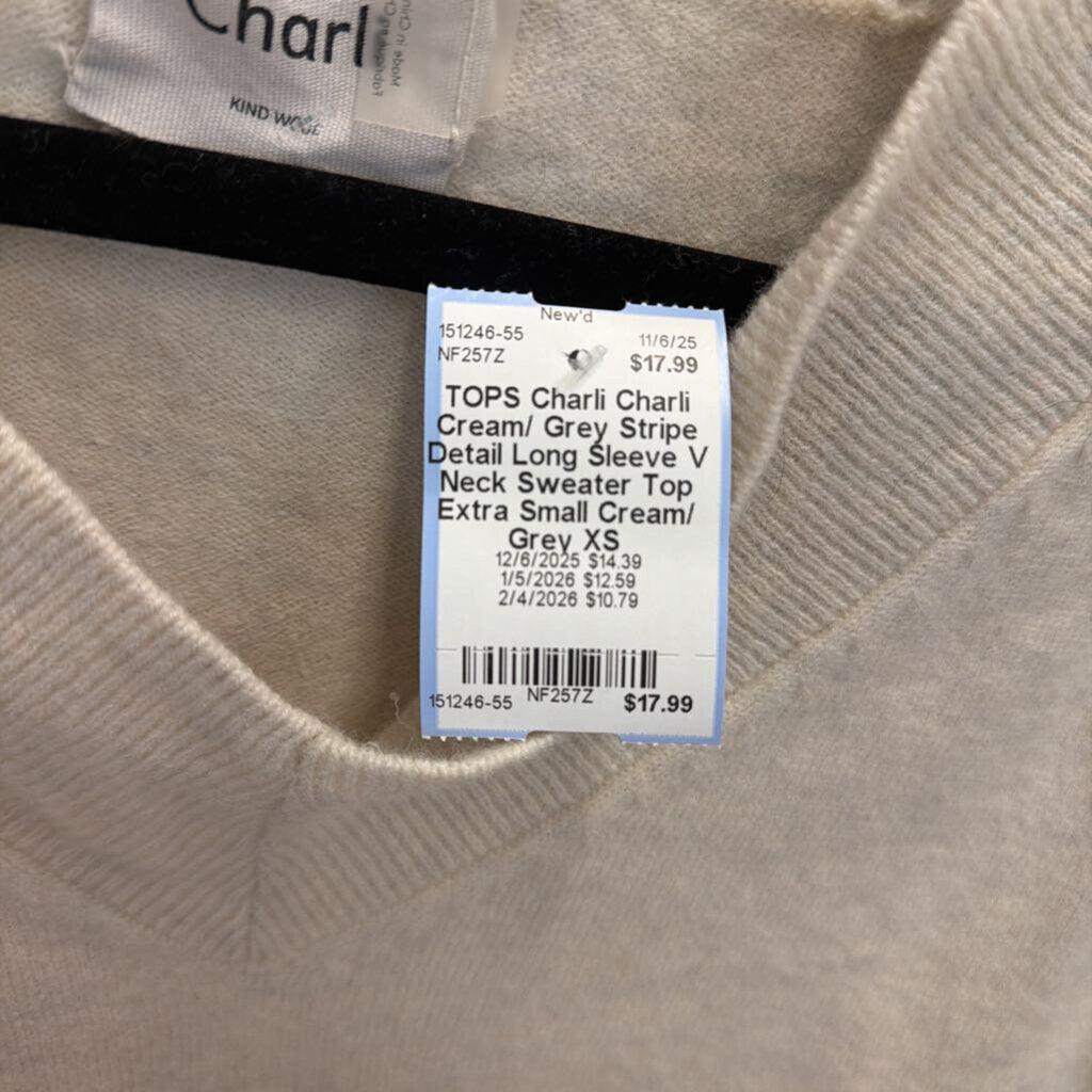 Charli Cream/ Grey Stripe Detail Long Sleeve V Neck Sweater Top Extra Small