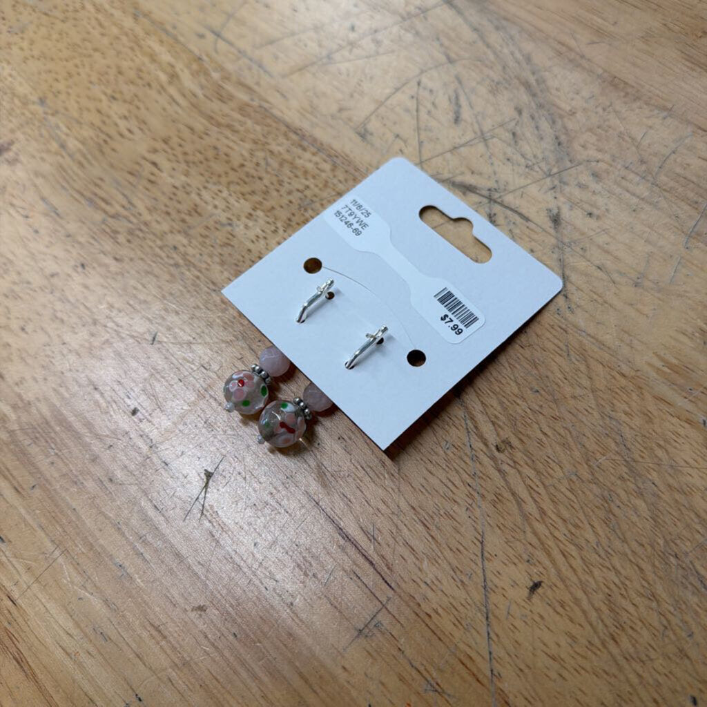 Silver/ Pink Beaded Drop Earrings